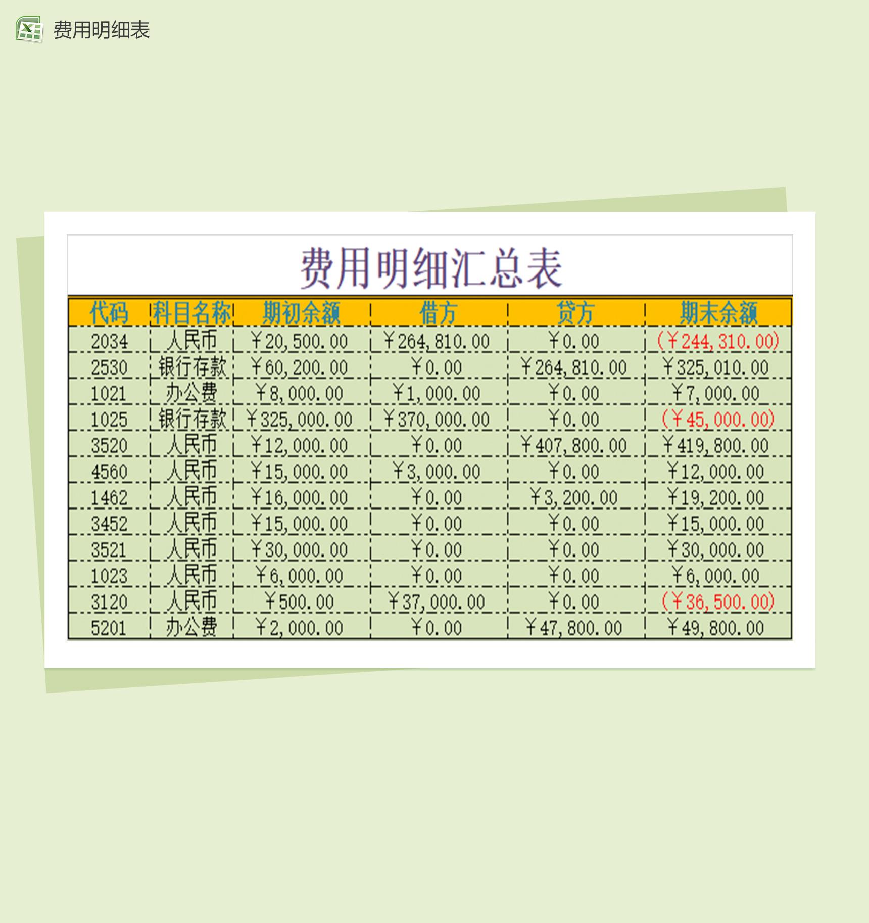 费用明细汇总表Excel模板