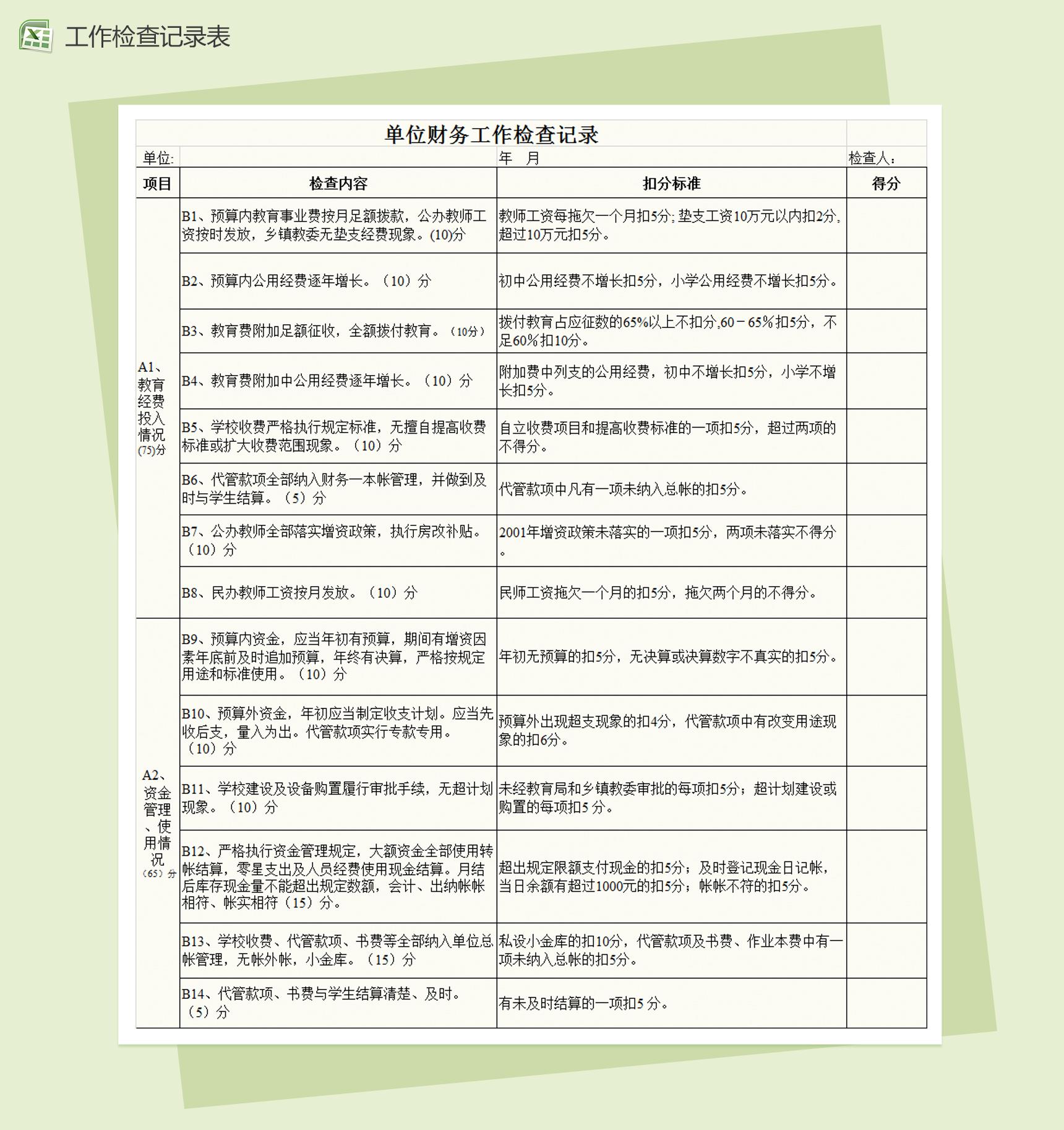 单位财务工作检查记录登记表Excel模板