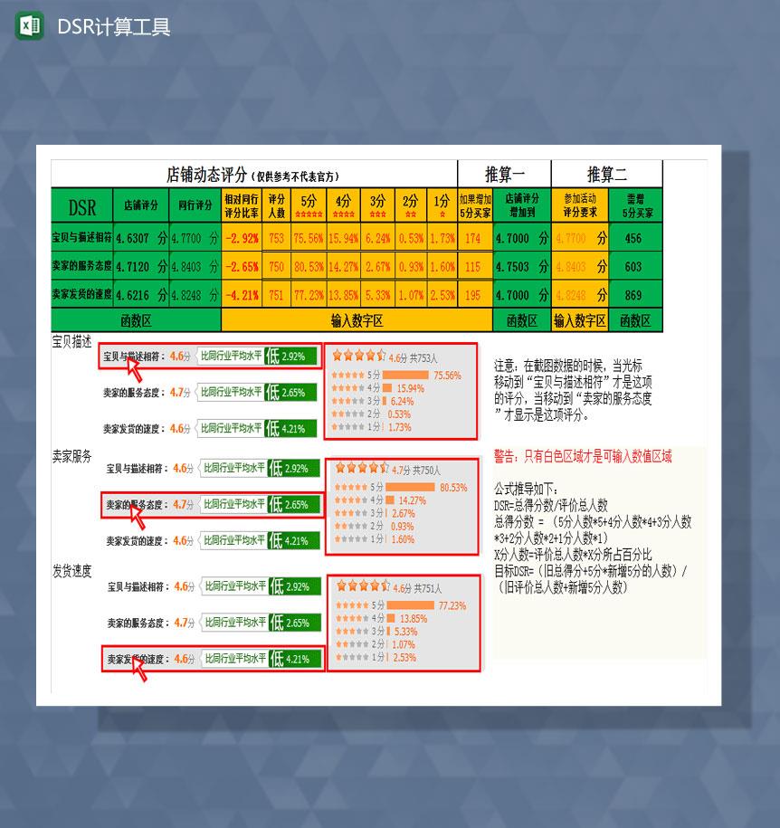 店铺评分DSR计算工具Excel模板