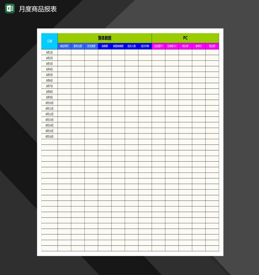 电商产品月度报表Excel模板