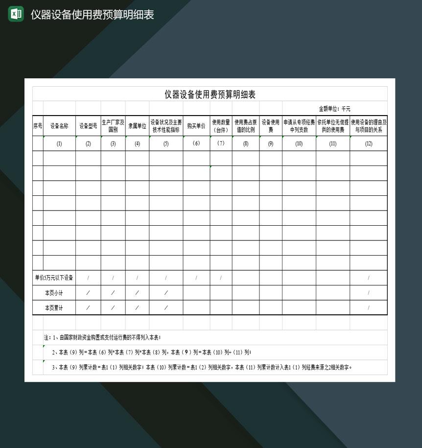 医疗仪器设备使用费预算明细表Excel模板