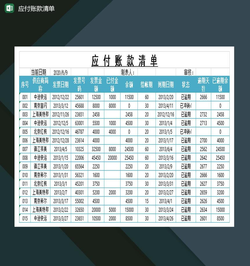 中小型企业应付账款清单Excel模板