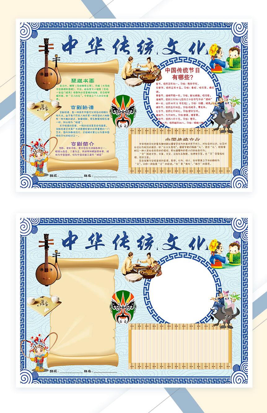 蓝色中华传统文化介绍手抄报Word模板